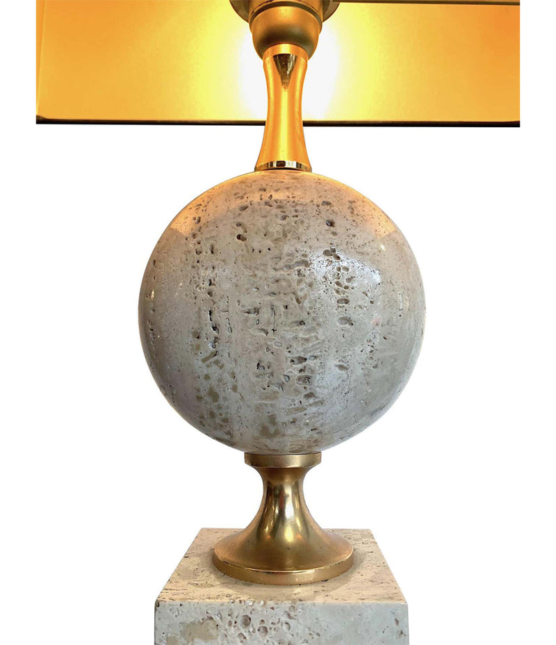 1970S MAISON BARBIER TRAVERTINE AND BRASS LAMP WITH NEW BESPOKE SHADE