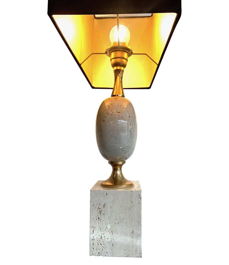 1970S MAISON BARBIER TRAVERTINE AND BRASS LAMP WITH NEW BESPOKE SHADE