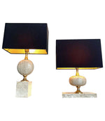 1970S MAISON BARBIER TRAVERTINE AND BRASS LAMP WITH NEW BESPOKE SHADE