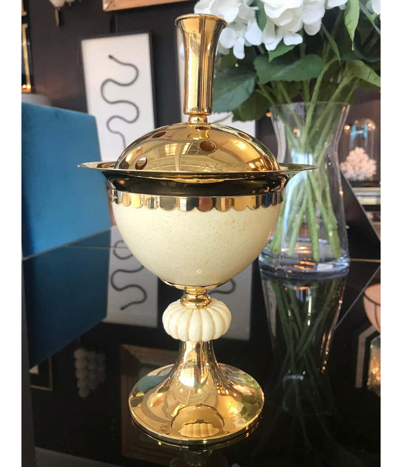 1970S POTPOURRI HOLDER IN GILT METAL WITH REAL OSTRICH EGG BY CHRISTIAN DIOR