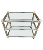 1970S LUCITE AND BRASS BAR TROLLEY WITH 3 GLASS SHELVES AND ORIGINAL CASTORS