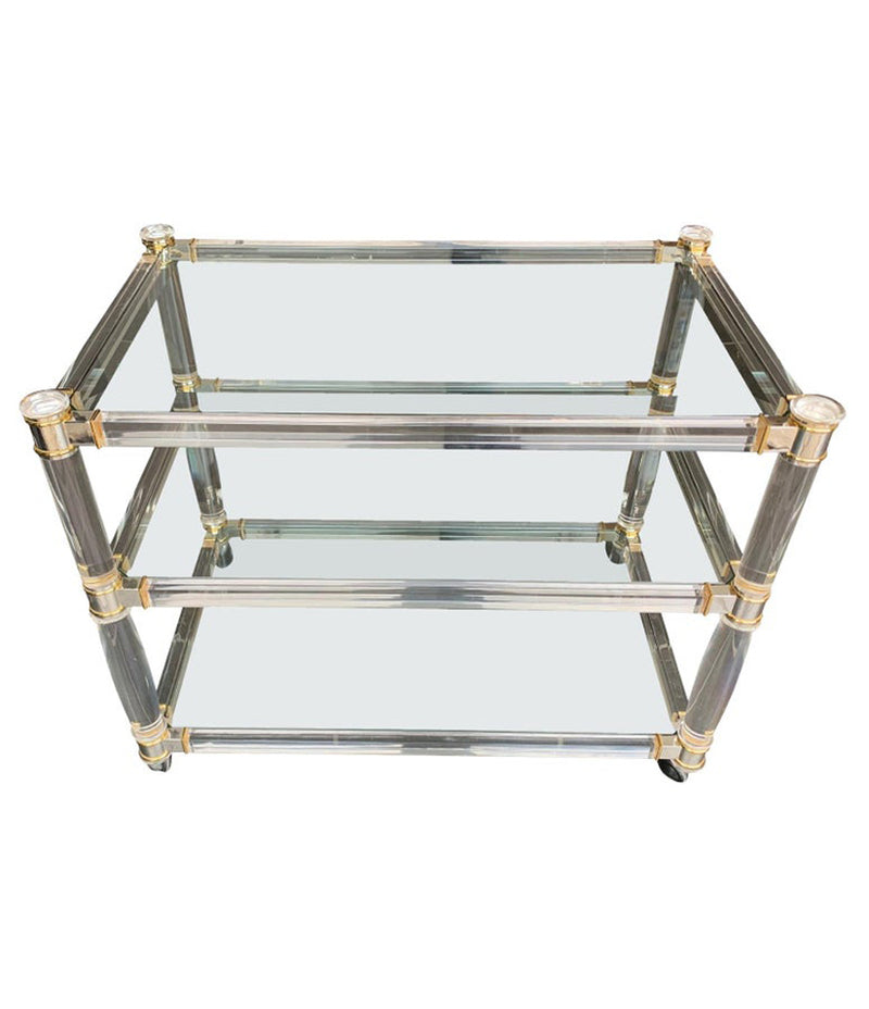 1970S LUCITE AND BRASS BAR TROLLEY WITH 3 GLASS SHELVES AND ORIGINAL CASTORS