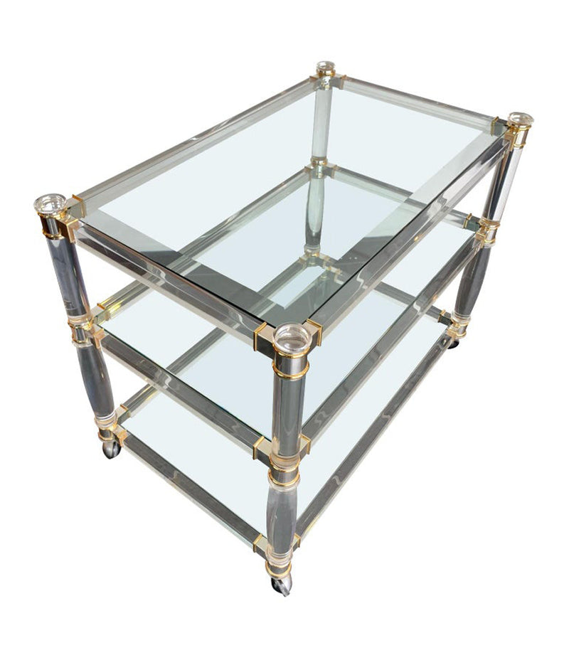 1970S LUCITE AND BRASS BAR TROLLEY WITH 3 GLASS SHELVES AND ORIGINAL CASTORS