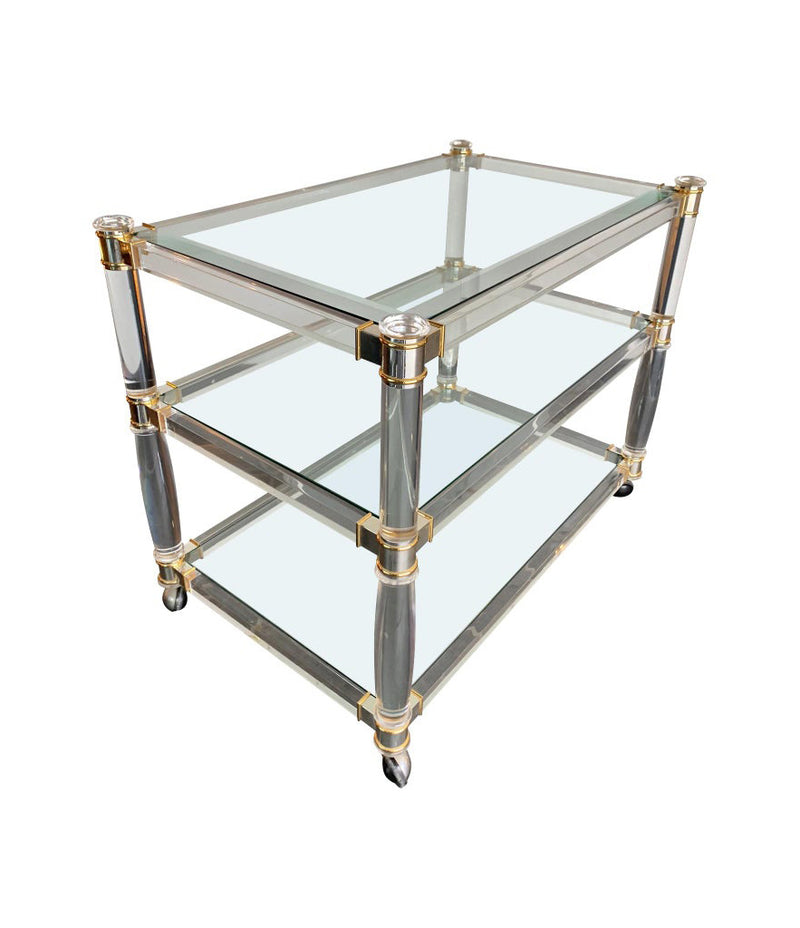 1970S LUCITE AND BRASS BAR TROLLEY WITH 3 GLASS SHELVES AND ORIGINAL CASTORS