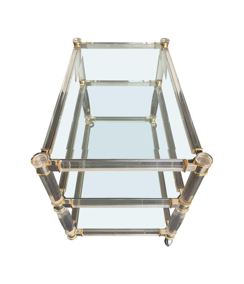 1970S LUCITE AND BRASS BAR TROLLEY WITH 3 GLASS SHELVES AND ORIGINAL CASTORS