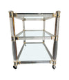 1970S LUCITE AND BRASS BAR TROLLEY WITH 3 GLASS SHELVES AND ORIGINAL CASTORS