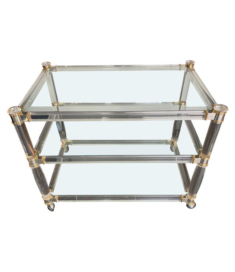 1970S LUCITE AND BRASS BAR TROLLEY WITH 3 GLASS SHELVES AND ORIGINAL CASTORS