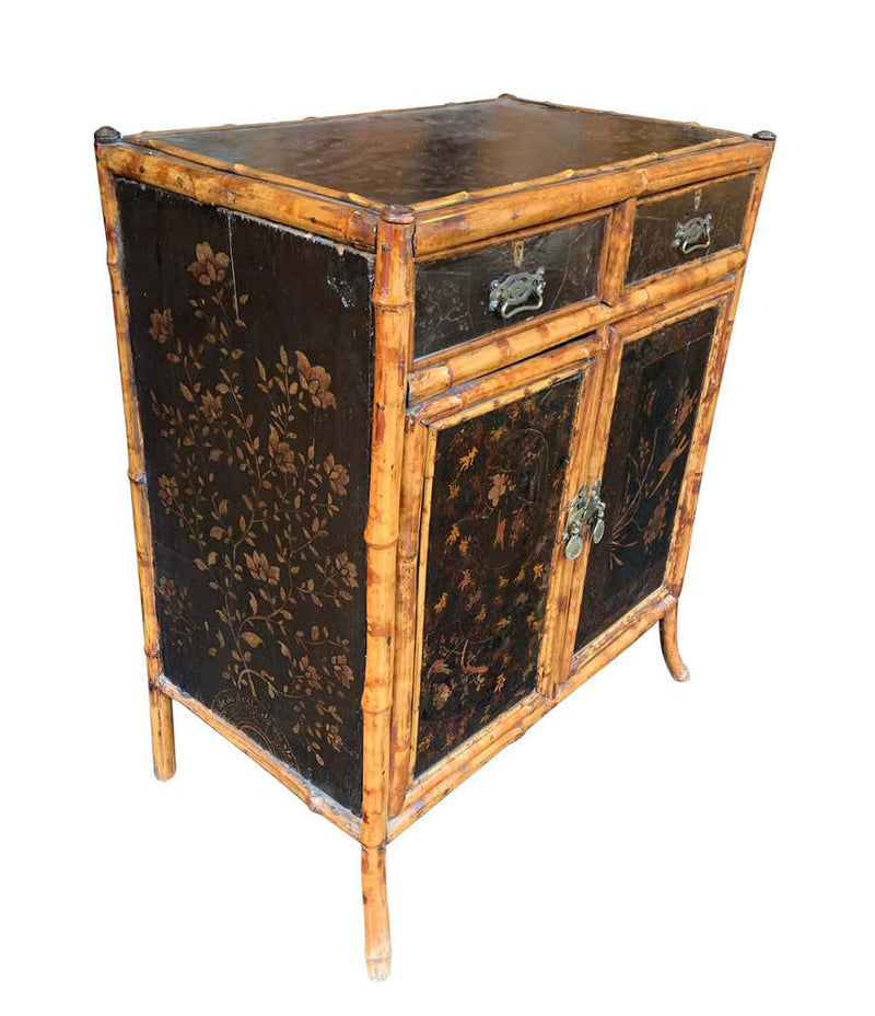 19TH CENTURY CHINOISERIE PAINTED BAMBOO CABINET WITH TWO DRAWERS AND TWO DOORS