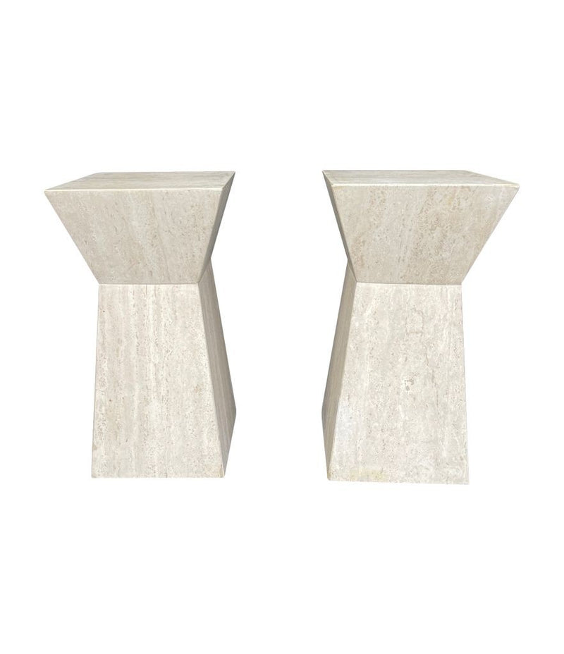 A pair of interesting shaped Italian 1970s travertine pedestals / bedside tables