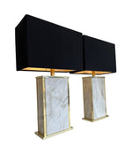 A pair of Italian 1970s Carrera Marble table lamps with gilt metal trim and new bespoke black and gold shades