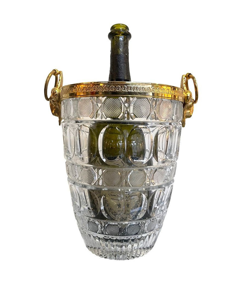 A 1960S GLASS AND GILT METAL CHAMPAGNE BUCKET WITH RAM HEAD HANDLES