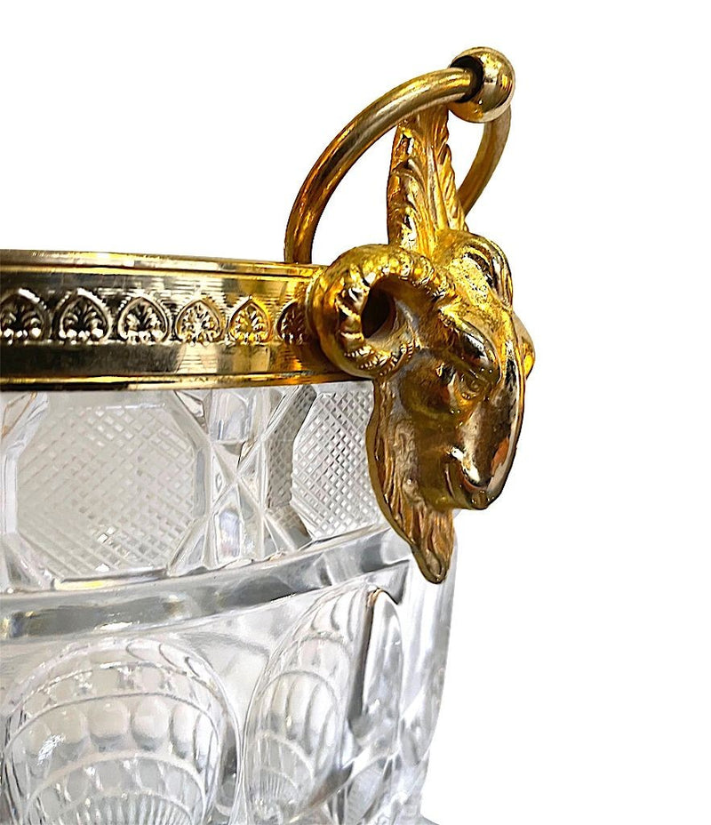 A 1960S GLASS AND GILT METAL CHAMPAGNE BUCKET WITH RAM HEAD HANDLES