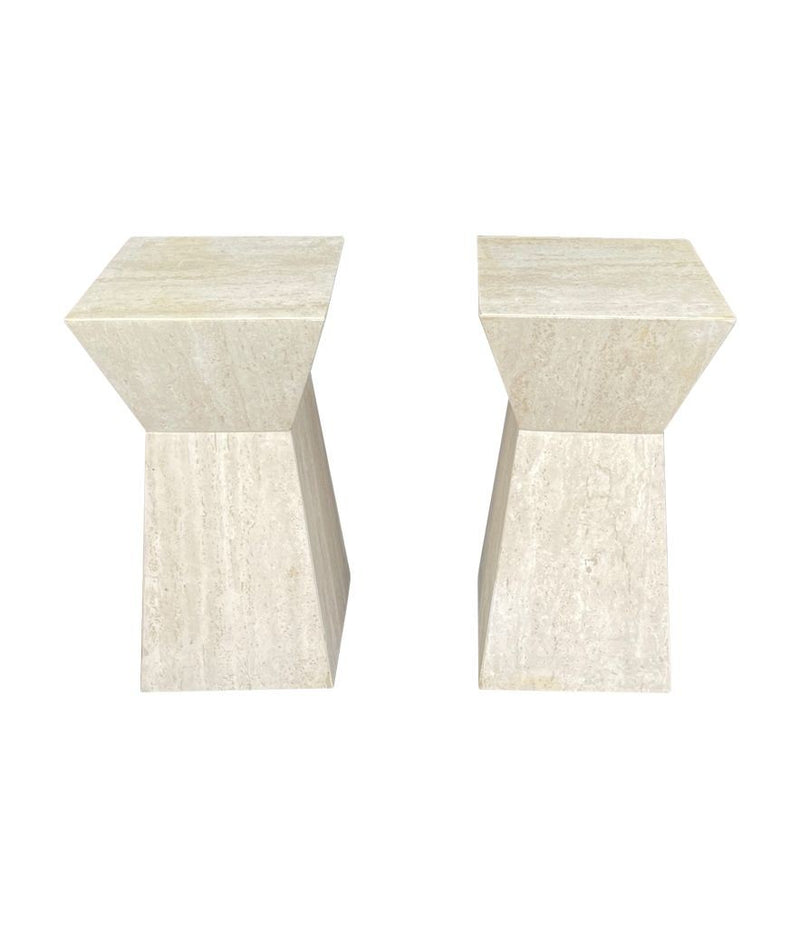 A pair of interesting shaped Italian 1970s travertine pedestals / bedside tables