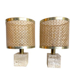 Mid Century lighting - Travertine Table Lamps - 1970s - Italian - Fratelli Mannelli - Rattan Shades - Antique Shop London