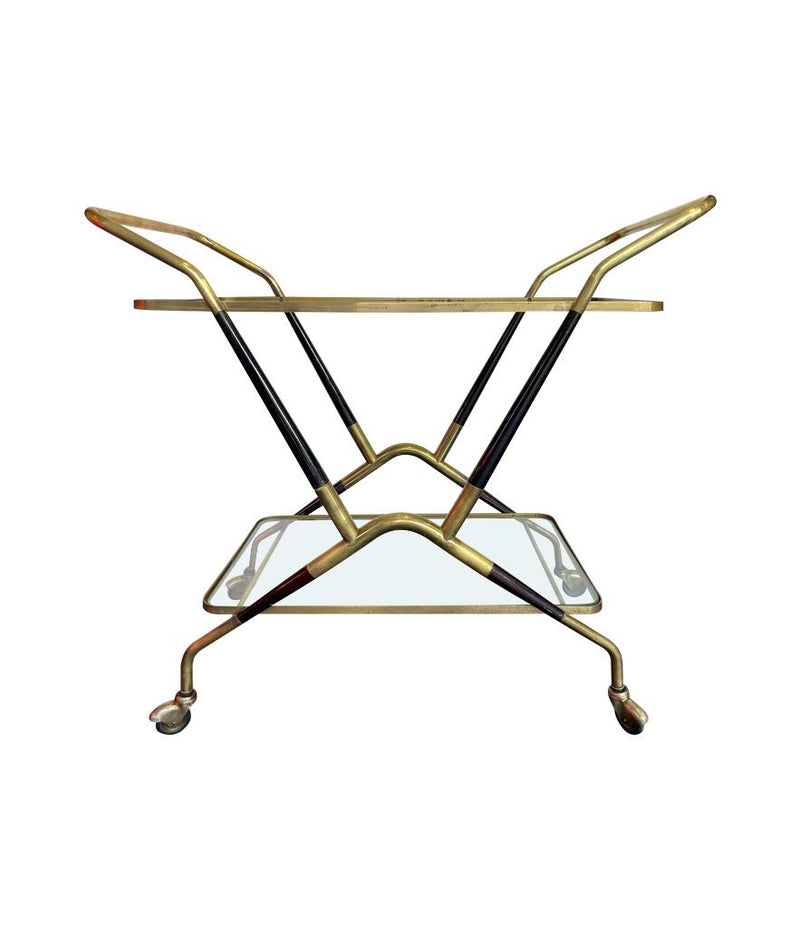 A 1950S BLACK LACQUER AND BRASS BAR CART / TROLLEY BY CESARE LACCA