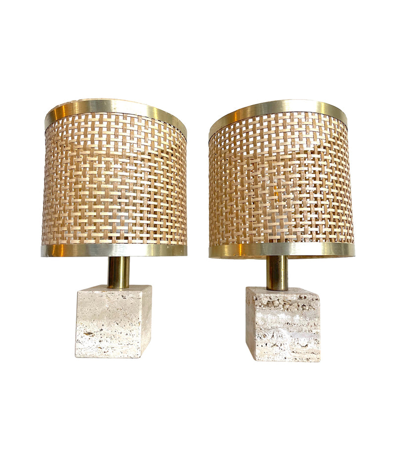 Mid Century lighting - Travertine Table Lamps - 1970s - Italian - Fratelli Mannelli - Rattan Shades - Antique Shop London