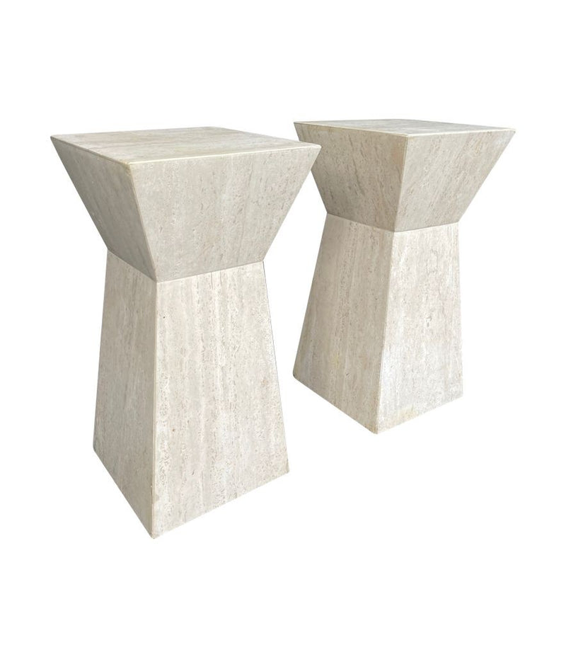 A pair of interesting shaped Italian 1970s travertine pedestals / bedside tables