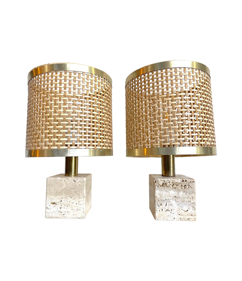 Mid Century lighting - Travertine Table Lamps - 1970s - Italian - Fratelli Mannelli - Rattan Shades - Antique Shop London