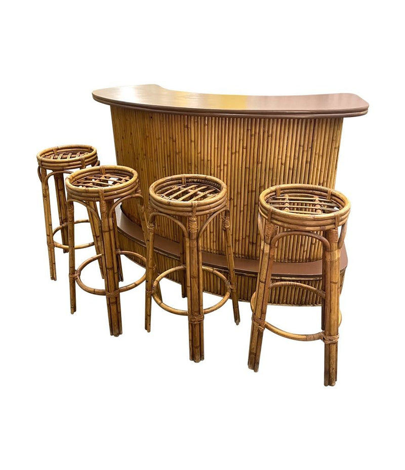 French 1970s bamboo bar with four original matching bamboo bar stools - Vintage Bar - Mid Century Bar