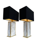 A pair of Italian 1970s Carrera Marble table lamps with gilt metal trim and new bespoke black and gold shades