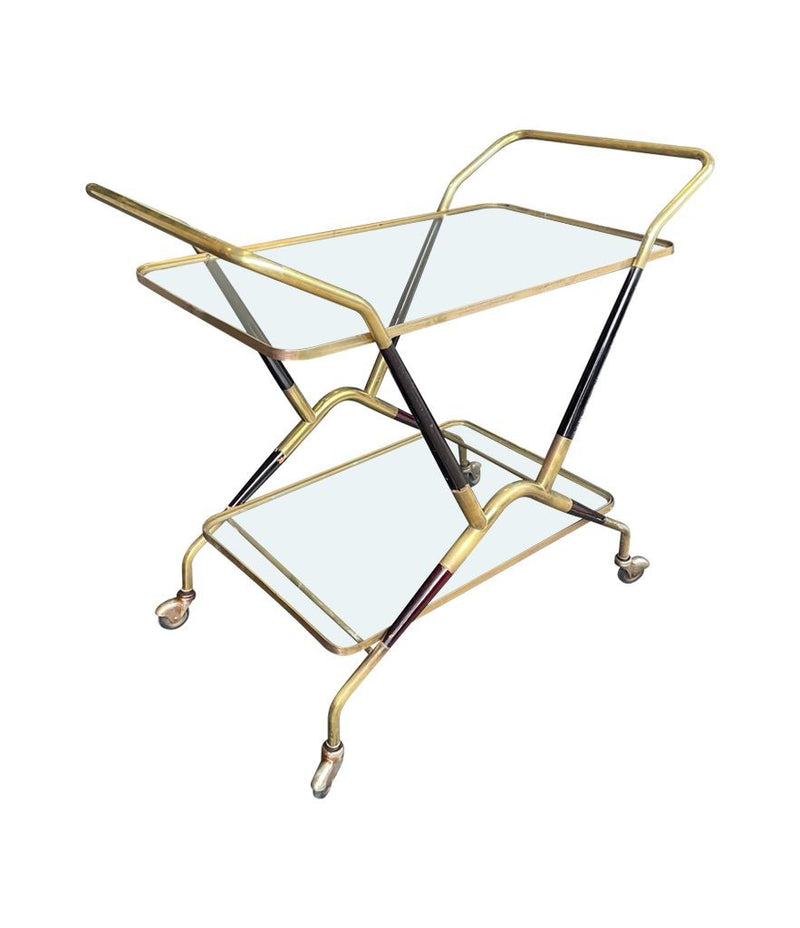 A 1950S BLACK LACQUER AND BRASS BAR CART / TROLLEY BY CESARE LACCA