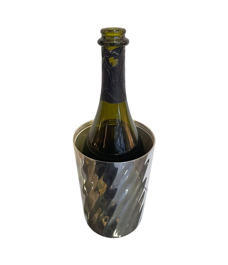 A LARGE 1950S SILVER PLATED CHAMPAGNE BOTTLE COOLER IN THE SHAPE OF A CHAMPAGNE BOTTLE