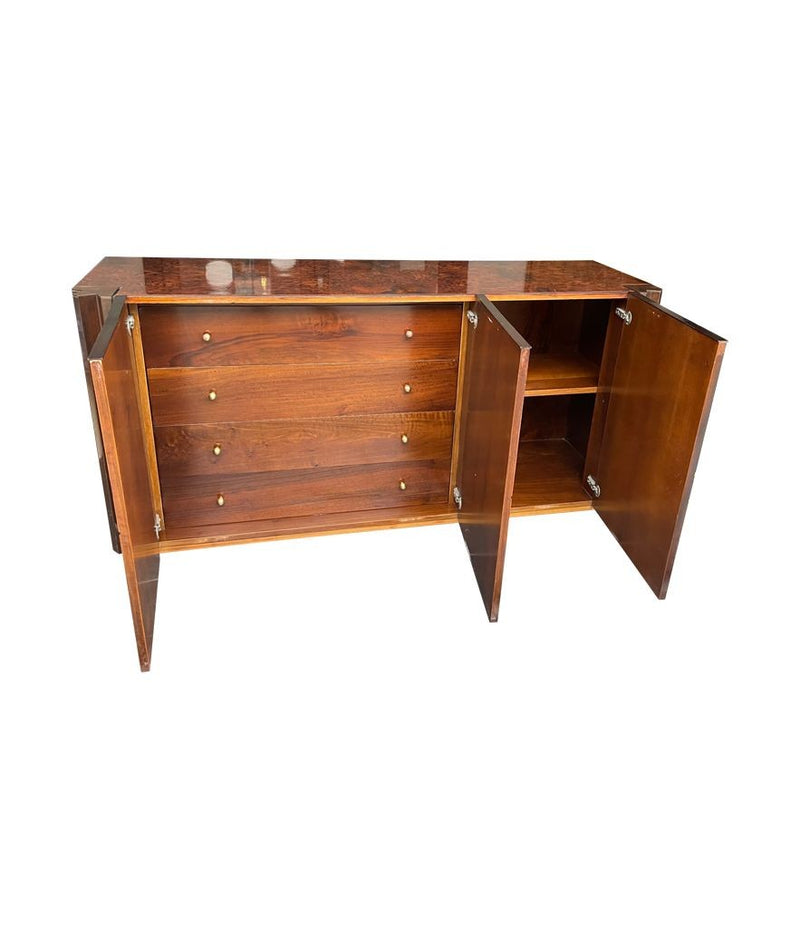 A Luciano Frigerio credenza sideboard with burl-wood top and geometric patterned doors - Mid Century Sideboard