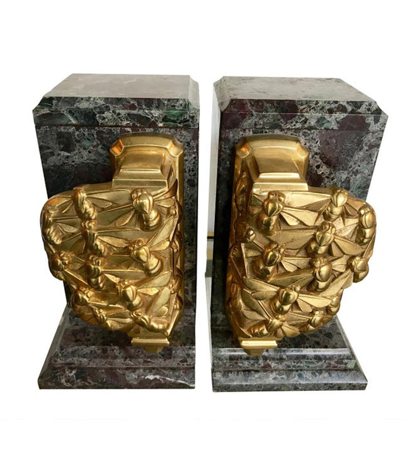 A PAIR OF ART DECO BOOKENDS OF AMAZONITE MARBLE AND CAST GILT METAL BEES