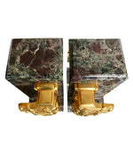 A PAIR OF ART DECO BOOKENDS OF AMAZONITE MARBLE AND CAST GILT METAL BEES