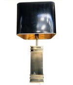 A PAIR OF ART DECO STYLE BRASS LAMPS WITH ORIGINAL SHADES