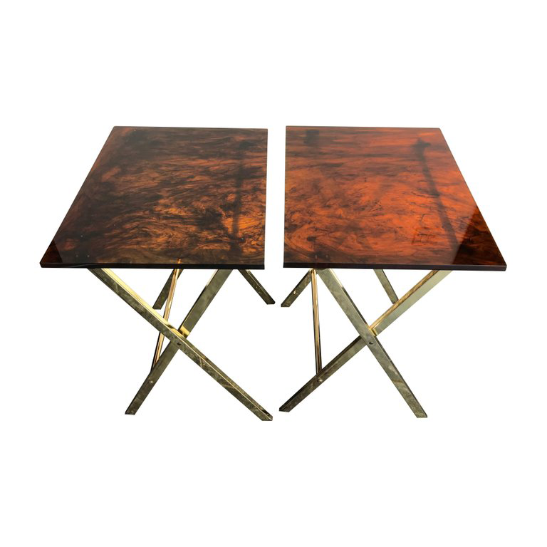 A PAIR OF FAUX TORTOISESHELL SIDE TABLES