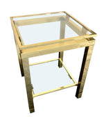 PAIR OF GUY LEFEVRE STYLE POLISHED GILT METAL SIDE TABLES WITH 2 GLASS SHELVES