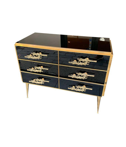 Italian Black Glass & Brass Chest of Drawers with Brutalist Brass Handles - Ed Butcher Antiques