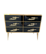 Italian Black Glass & Brass Chest of Drawers with Brutalist Brass Handles - Ed Butcher Antiques