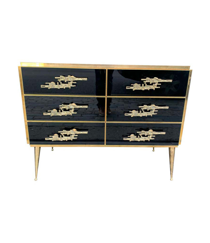 Italian Black Glass & Brass Chest of Drawers with Brutalist Brass Handles - Ed Butcher Antiques