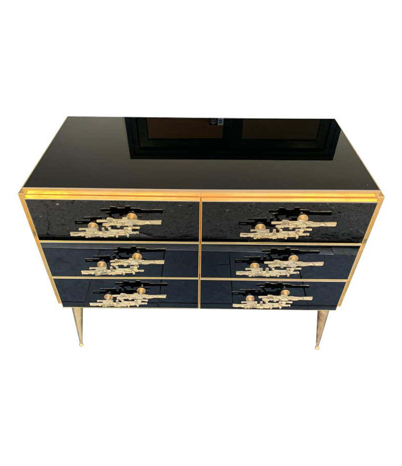 Italian Black Glass & Brass Chest of Drawers with Brutalist Brass Handles - Ed Butcher Antiques