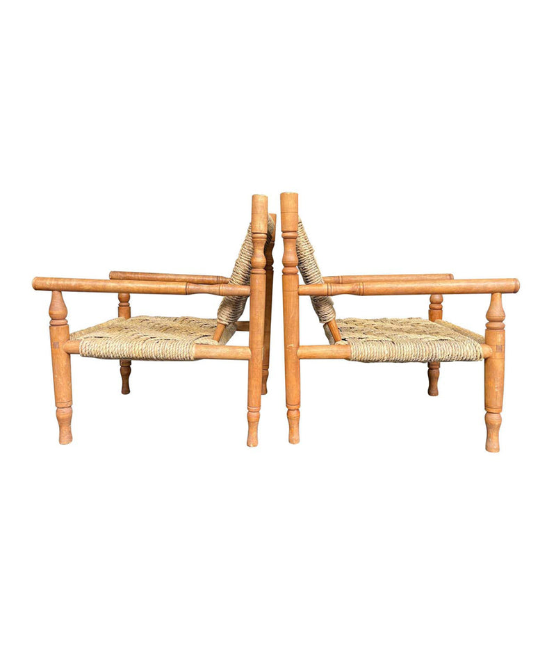 A WONDERFUL PAIR OF 1950S FRENCH ROPE AND WOOD CHAIRS BY AUDOUX AND MINET