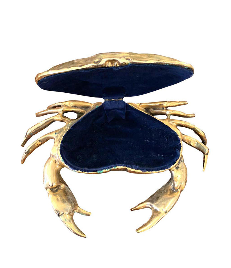 A FONDICA SOLID CAST CRAB WITH HINGED TOP SHELL WITH BLUE VELVET LINING