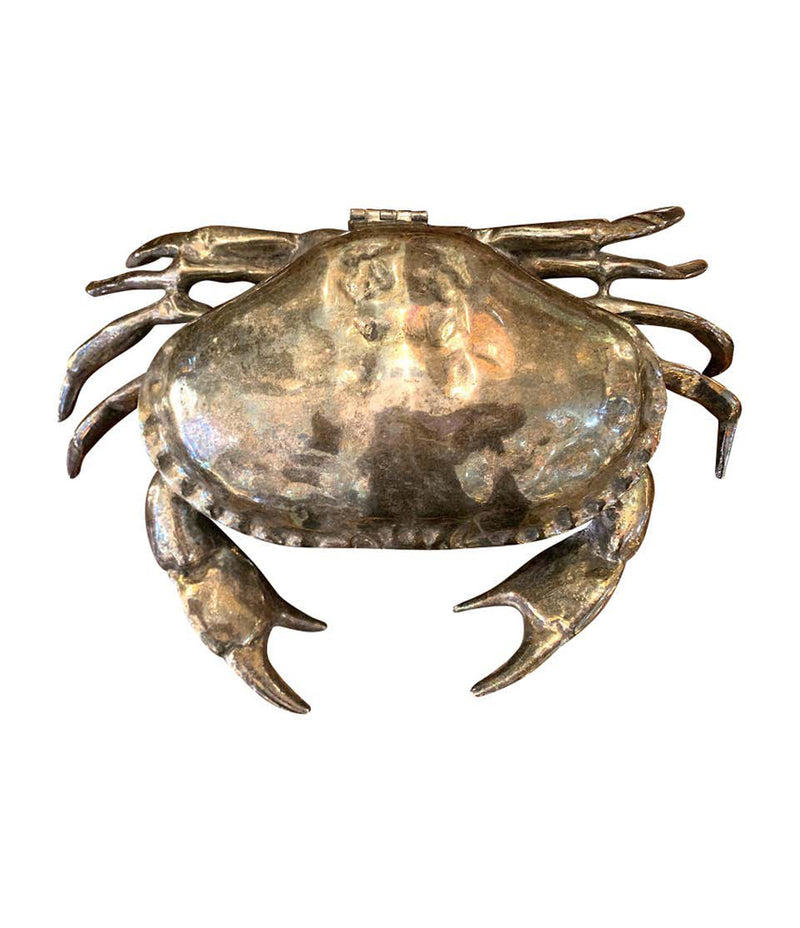 A FONDICA SOLID CAST CRAB WITH HINGED TOP SHELL WITH BLUE VELVET LINING