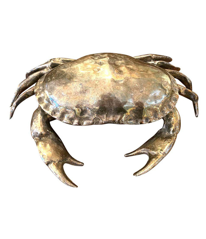 A FONDICA SOLID CAST CRAB WITH HINGED TOP SHELL WITH BLUE VELVET LINING