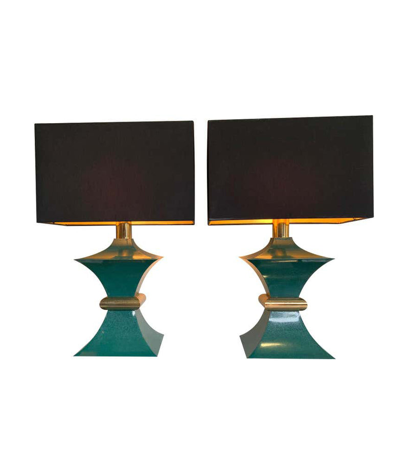 A PAIR OF 1970S ROMEO REGA INTERESTINGLY SHAPED METAL LAMPS WITH TURQUOISE BASES