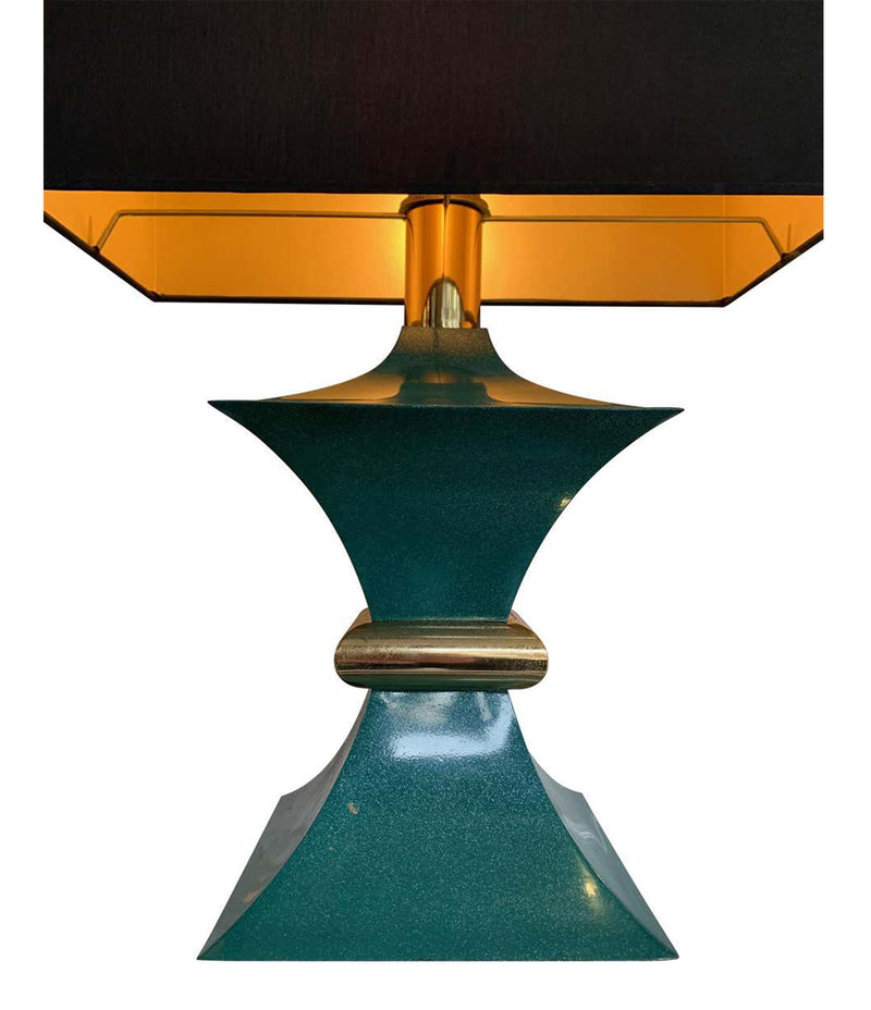 A PAIR OF 1970S ROMEO REGA INTERESTINGLY SHAPED METAL LAMPS WITH TURQUOISE BASES