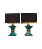 A PAIR OF 1970S ROMEO REGA INTERESTINGLY SHAPED METAL LAMPS WITH TURQUOISE BASES