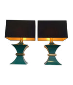 A PAIR OF 1970S ROMEO REGA INTERESTINGLY SHAPED METAL LAMPS WITH TURQUOISE BASES