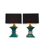 A PAIR OF 1970S ROMEO REGA INTERESTINGLY SHAPED METAL LAMPS WITH TURQUOISE BASES