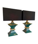 A PAIR OF 1970S ROMEO REGA INTERESTINGLY SHAPED METAL LAMPS WITH TURQUOISE BASES