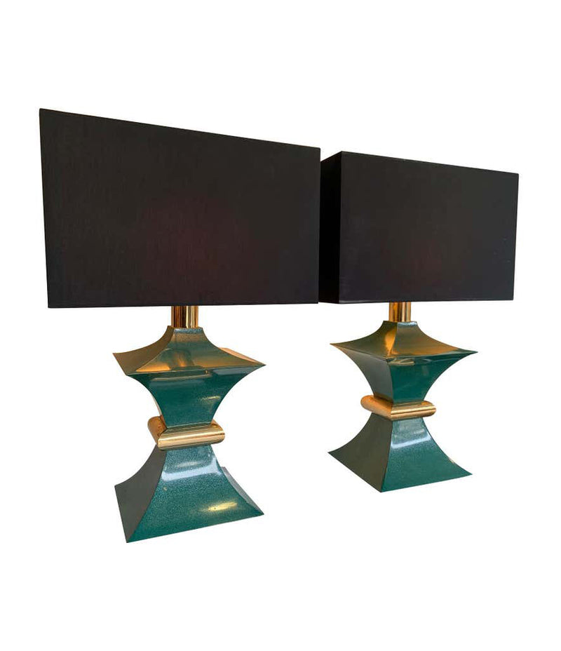 A PAIR OF 1970S ROMEO REGA INTERESTINGLY SHAPED METAL LAMPS WITH TURQUOISE BASES