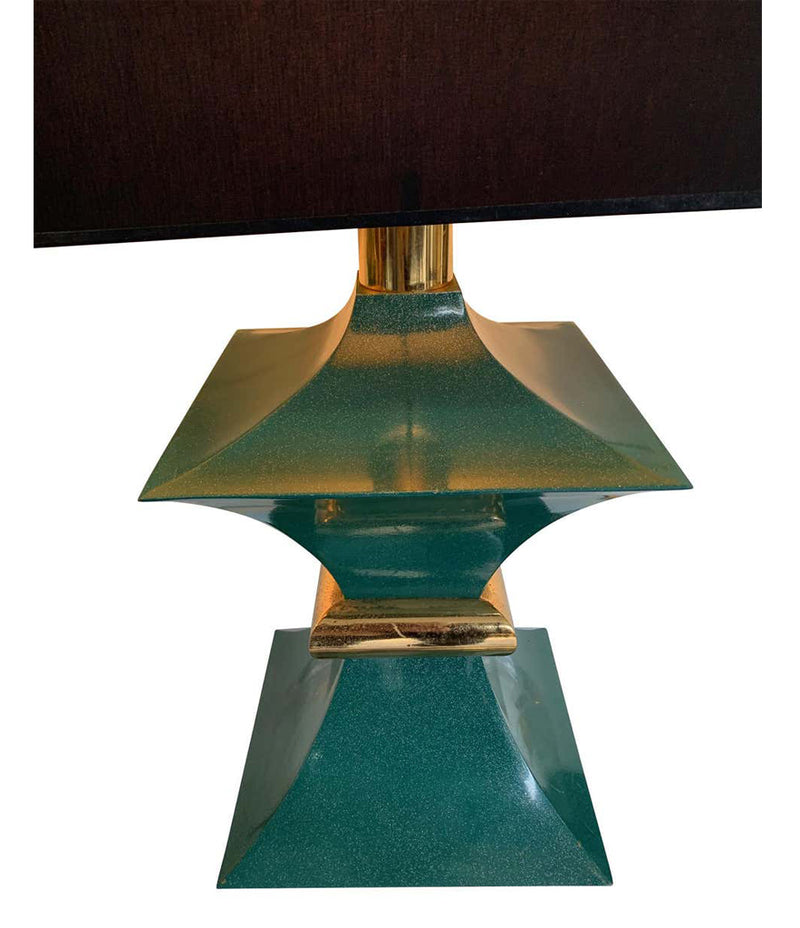 A PAIR OF 1970S ROMEO REGA INTERESTINGLY SHAPED METAL LAMPS WITH TURQUOISE BASES