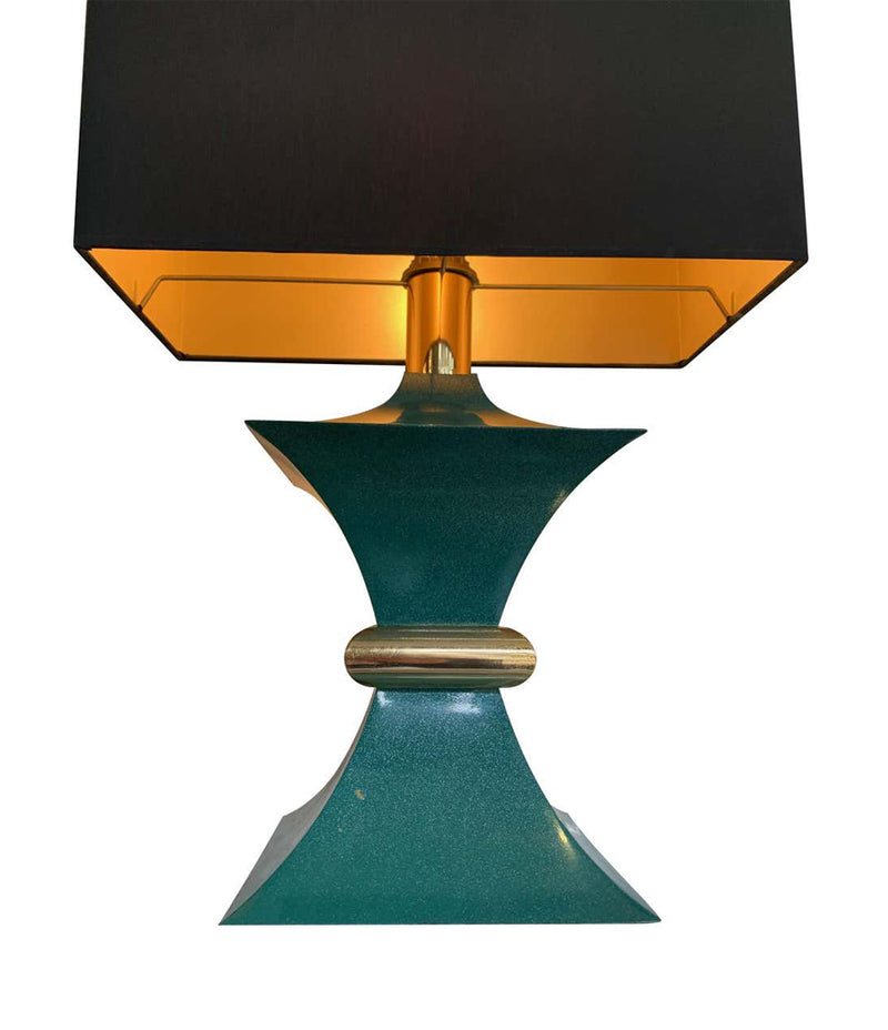 A PAIR OF 1970S ROMEO REGA INTERESTINGLY SHAPED METAL LAMPS WITH TURQUOISE BASES