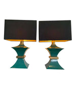 A PAIR OF 1970S ROMEO REGA INTERESTINGLY SHAPED METAL LAMPS WITH TURQUOISE BASES